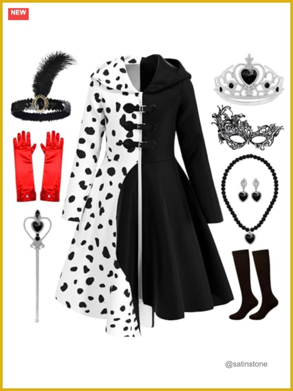 Girls 9-Piece Dalmatian Costume Dress Up Set with Dress, Crown, Wand &